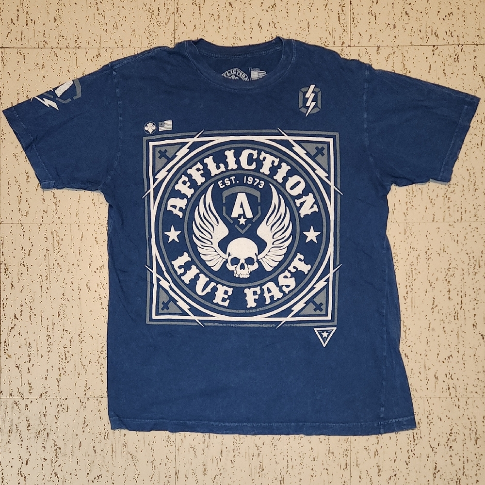 Affliction Blue & White Full Graphic Spellout Big Logo Crewneck T-Shirt